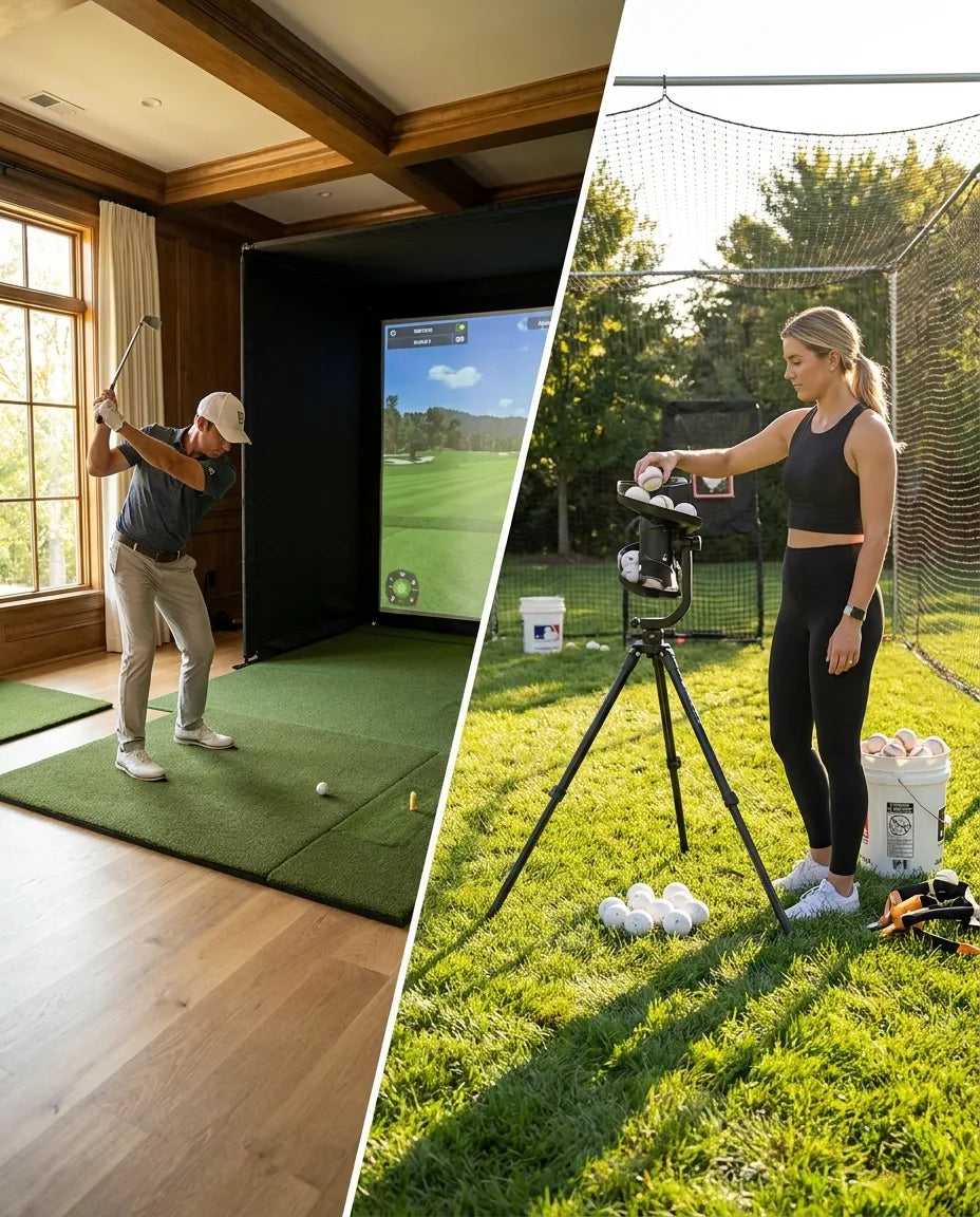 Store collections represented by Baseball Pitching Machines, Batting Cages, Best Sellers, Golf Mats, Golf Simulators