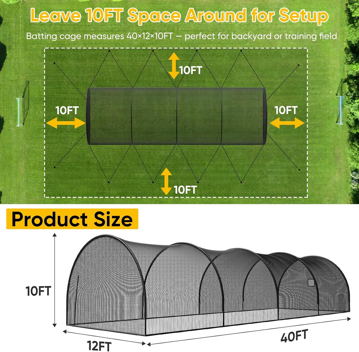 40FT Baseball & Softball Batting Cage for Backyard – Enclosed Net with Pitching Machine Hole, Fiberglass Pole System, Carry Bag, Ideal for Home Hitting & Pitching Practice, 40 X 12 X 10 Ft — product view 2