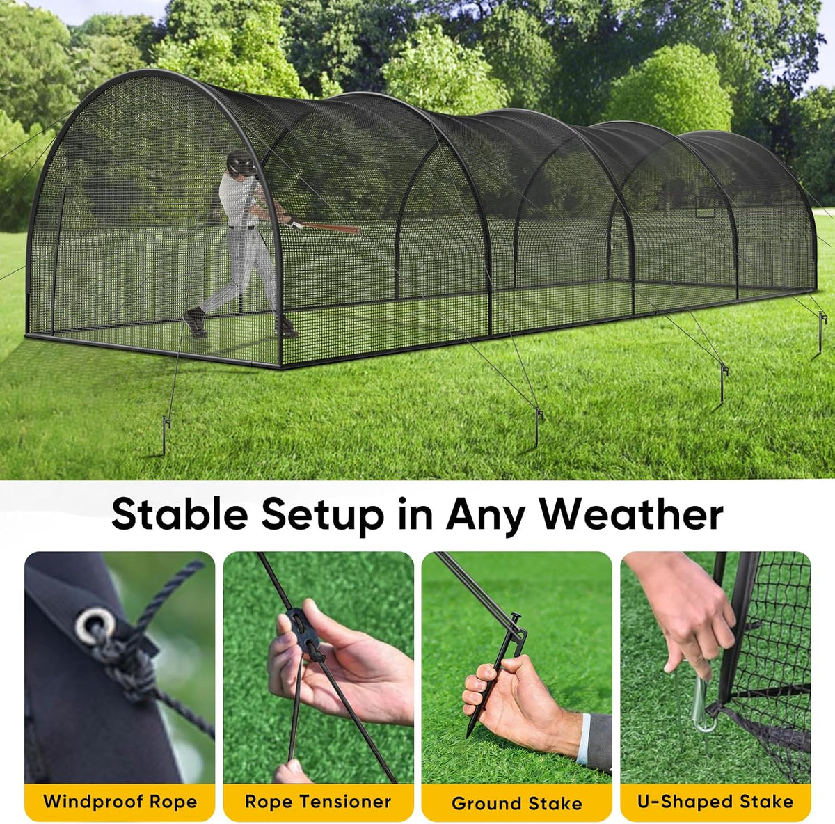 40FT Baseball & Softball Batting Cage for Backyard – Enclosed Net with Pitching Machine Hole, Fiberglass Pole System, Carry Bag, Ideal for Home Hitting & Pitching Practice, 40 X 12 X 10 Ft — product view 4