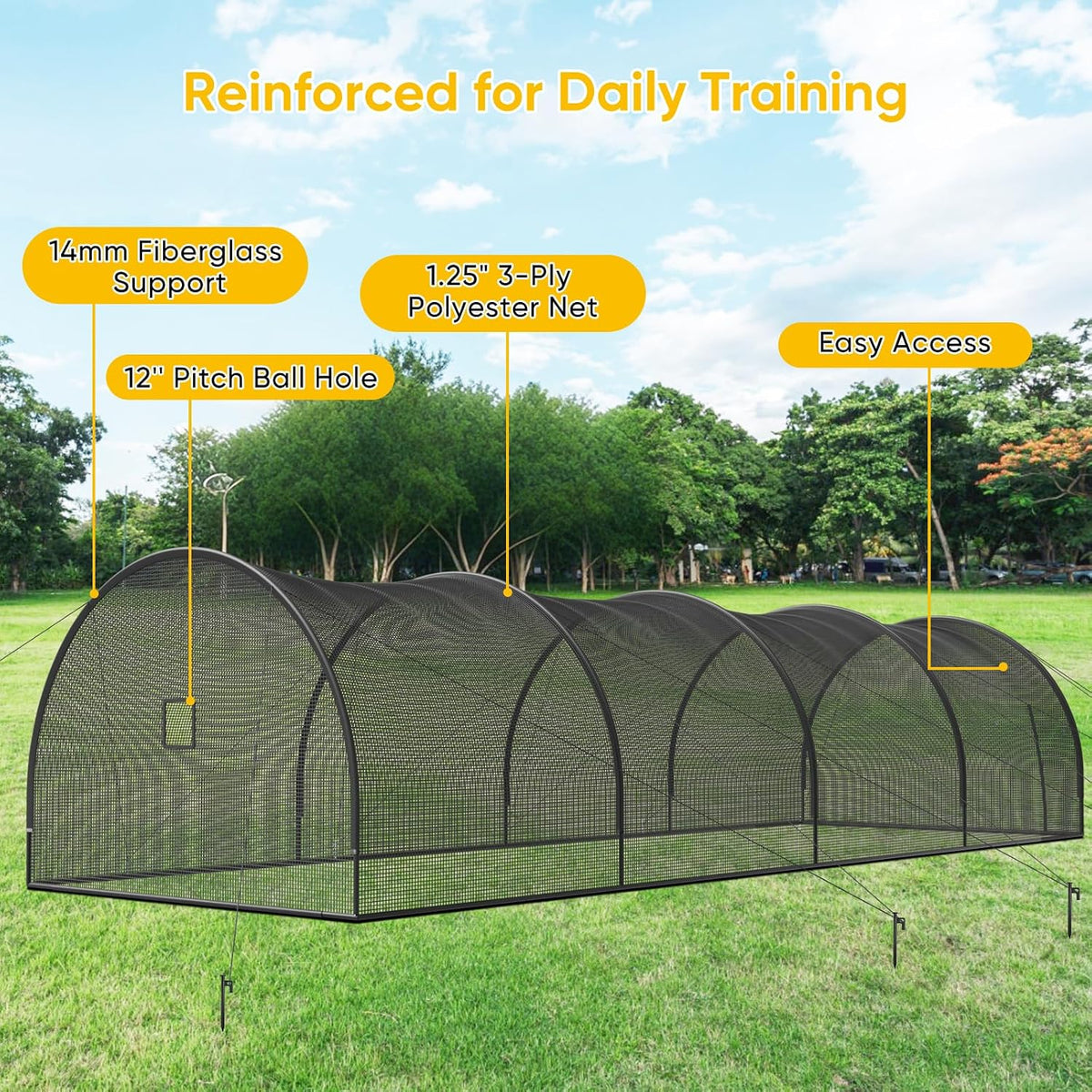 40FT Baseball & Softball Batting Cage for Backyard – Enclosed Net with Pitching Machine Hole, Fiberglass Pole System, Carry Bag, Ideal for Home Hitting & Pitching Practice, 40 X 12 X 10 Ft — product view 5
