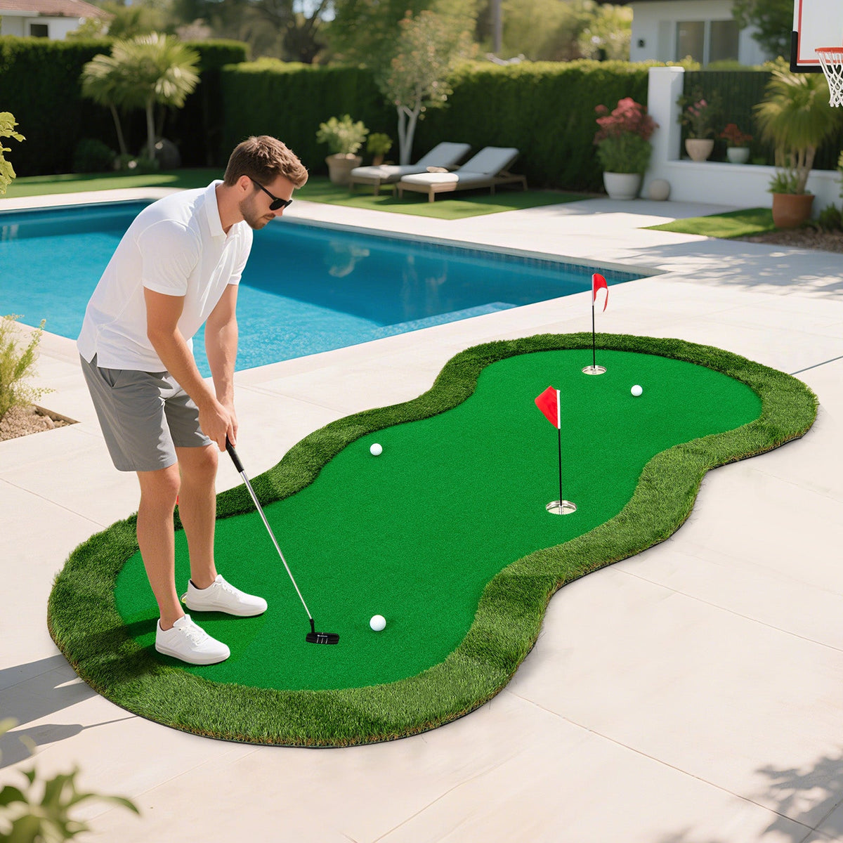 5 x 10 Feet Golf Practice Putting Green Mat with 3 Holes and Golf Balls for Home Office Backyard