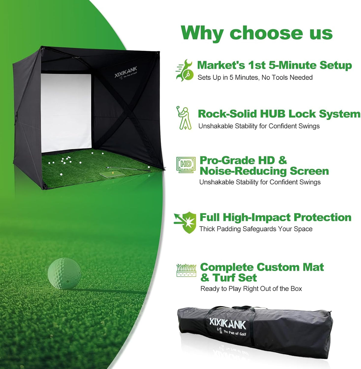 Golf Simulator Enclosure for Home Instant Quick and Easy Tool-Free Setup in 5 Mins Golf Hittig Cage - Complete Set with Heavy Duty Frame,Hd Impact Screen and Putting Green Turf (8X8 Ft) — product view 5