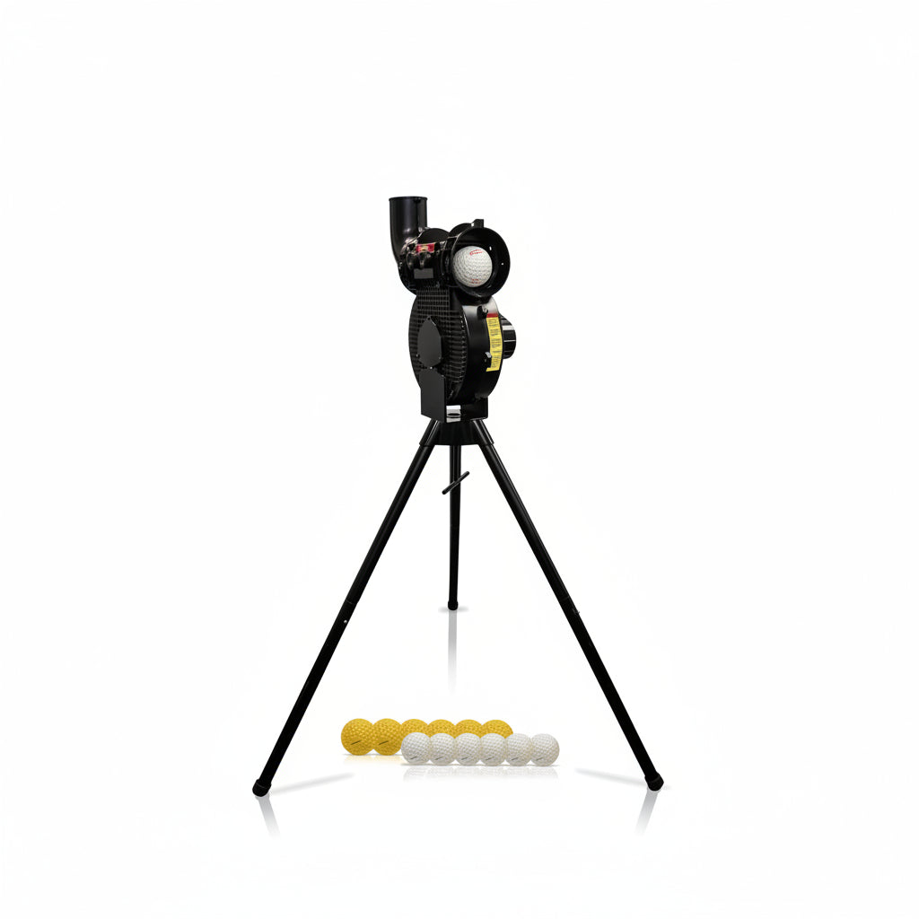 Launch F-Lite Softball & Baseball Pitching Machine, Dimpled Practice Balls, Bucket of Baseballs, Coaching Bucket Bundle for Pitching Machine, Baseball Training Equipment