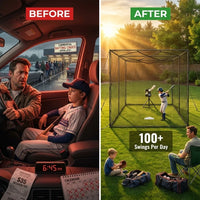Baseball Batting Cage Built for Serious Practice, 40ft Heavy-Duty Frame, Weatherproof Net, Pitching Machine Ready — Before & After